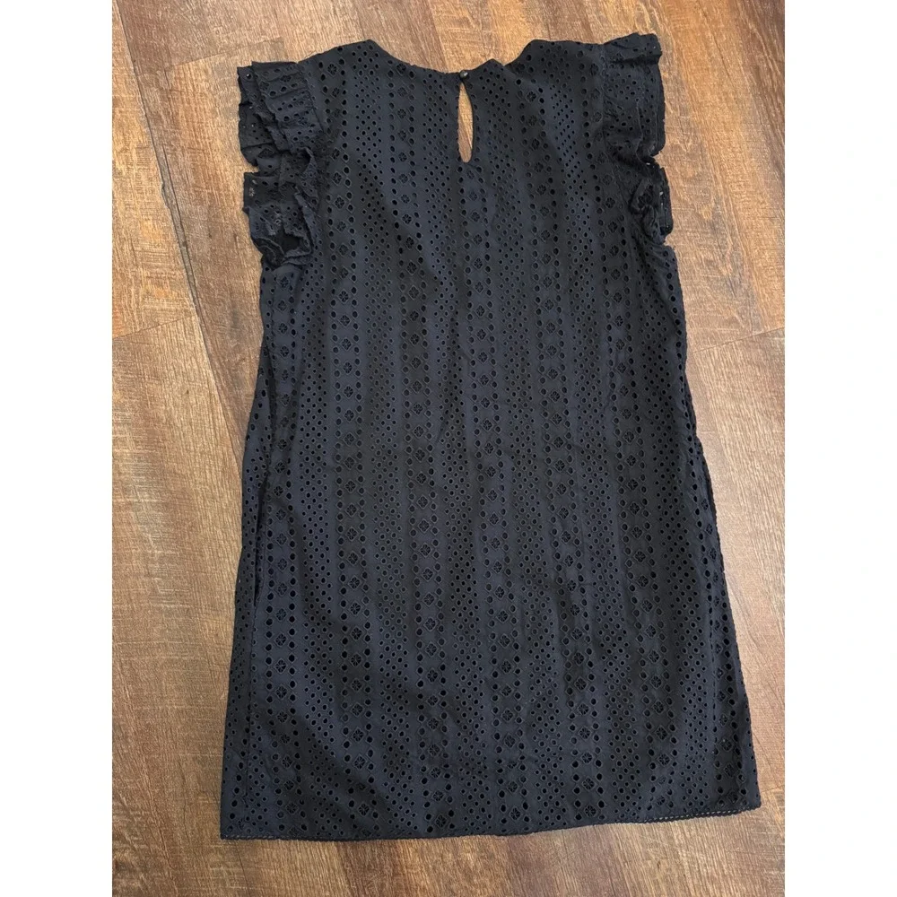 EverEve Black Eyelet Dress Medium Ruffle Sleeve Lined Shift Mini Dress